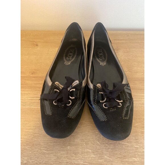 Tod's Women's Black & Gold Suede/Leather Driving Flats Size 8 - Picture 1 of 6
